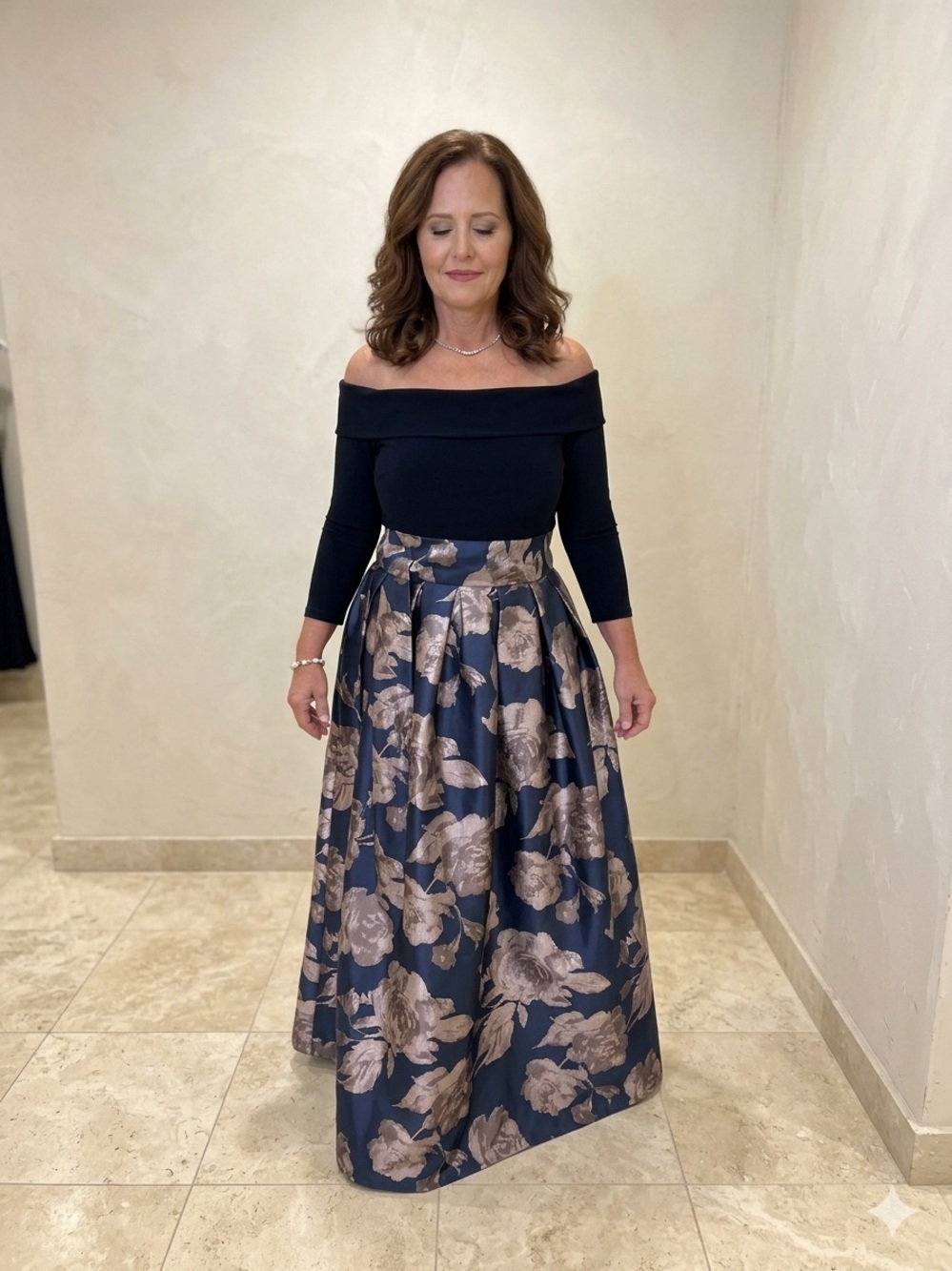 Jessica Howard Off The Shoulder Gown with Jacquard Floral Skirt